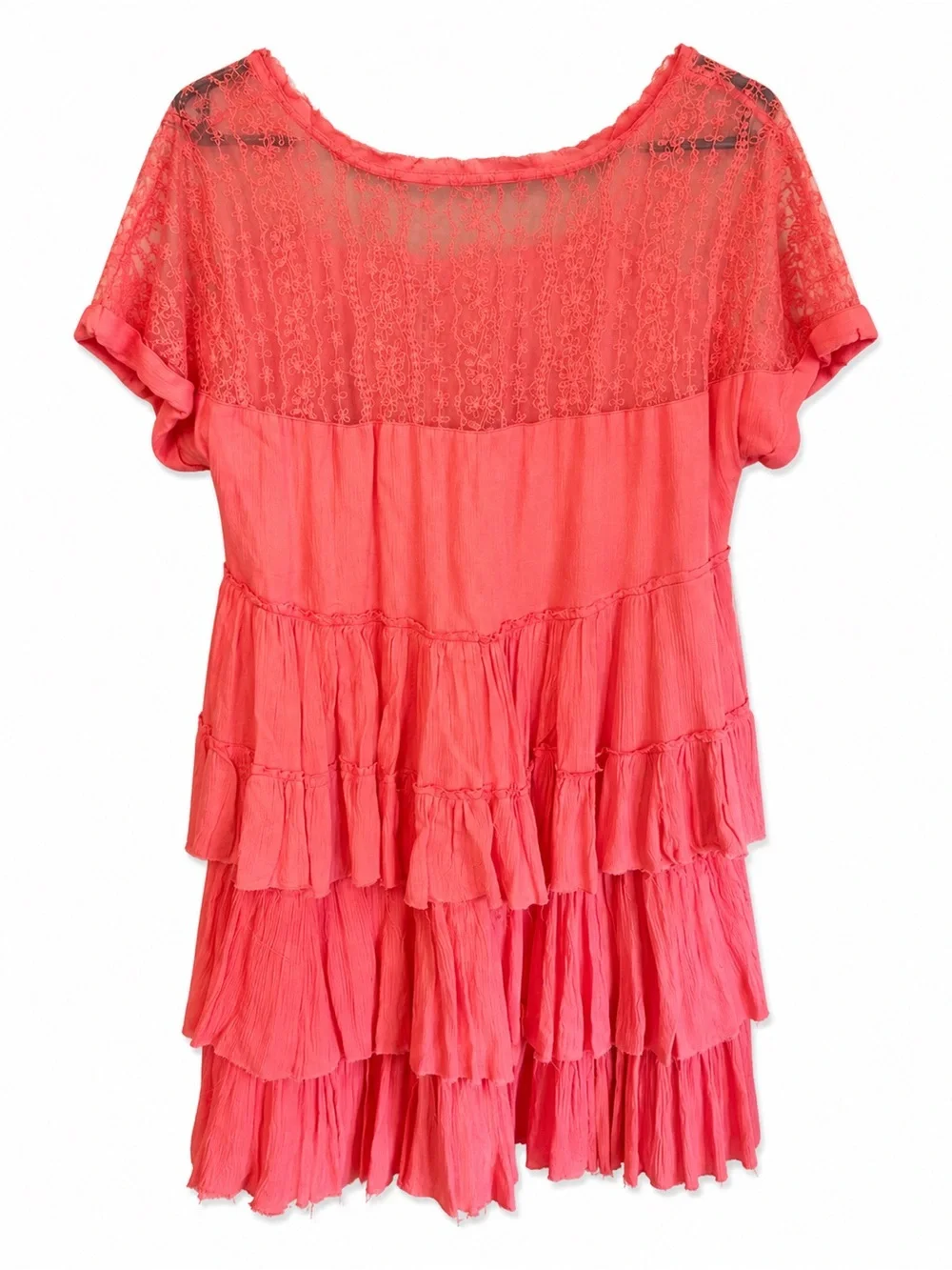 Free People Coral Sunbeams Tiered Lace Mini Dress NWOT